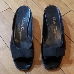 Salvatore Ferragamo black patent peep toe bows